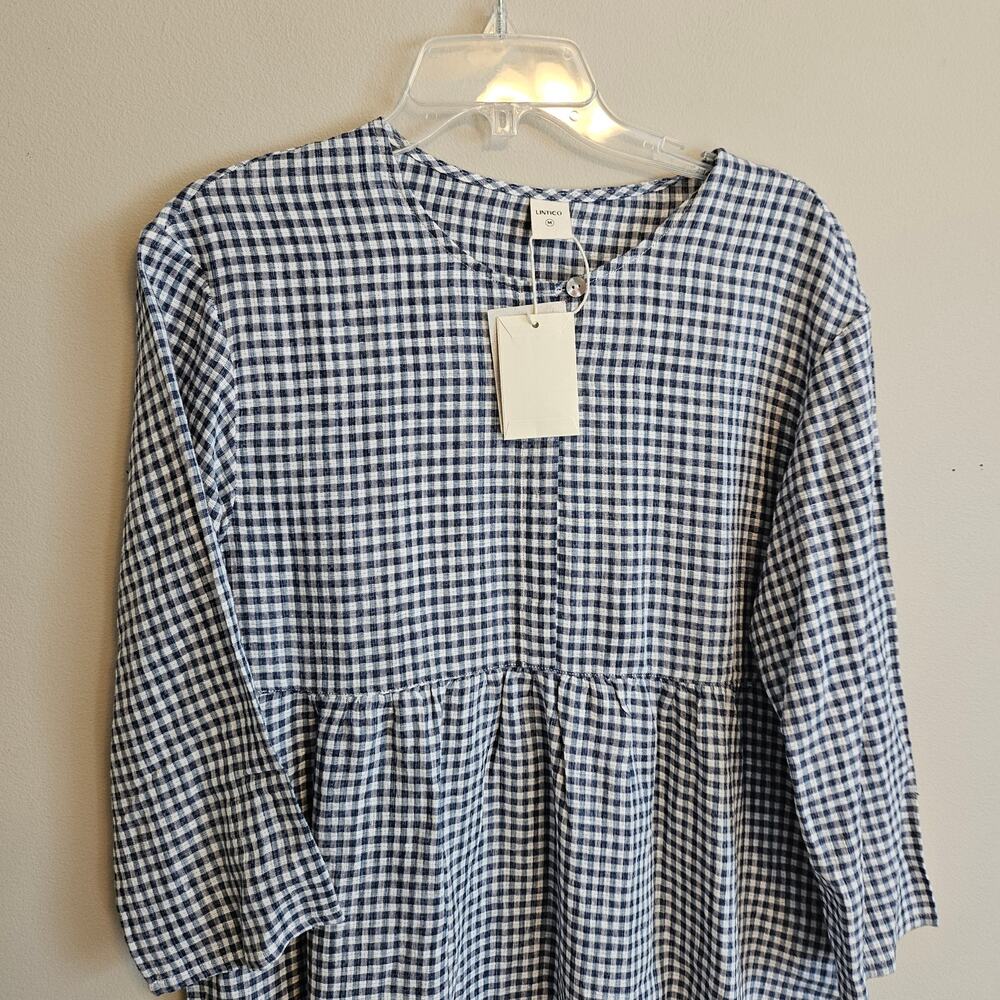Lintico Linen Check Long Sleeve Midi Dress Firth Medium Blue and White - Picture 5 of 6